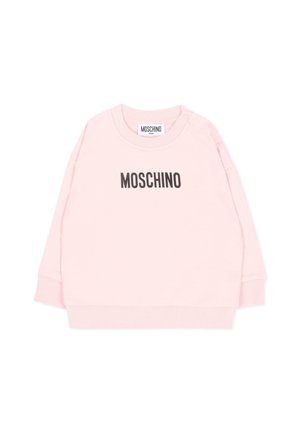 Lichtroze babytrui met lange mouwen en zwarte "MOSCHINO" tekst gecentreerd aan de voorkant. Geribde boorden en zoom, ronde hals met knopen.