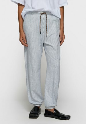 Persona che indossa pantaloni a righe verticali bianche e blu con coulisse marrone, abbinati a mocassini neri e una camicia bianca.