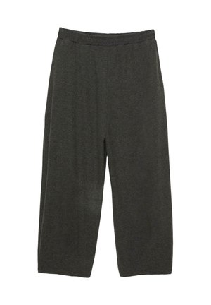 Pantaloni grigi scuri, larghi e comodi, realizzati in materiale morbido. Presentano una vita elastica e un design dritto e rilassato.