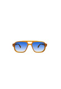 Occhiali da sole in plastica arancione con montatura quadrata, lenti blu sfumate e aste nere con una lieve curvatura e accenti angolari.