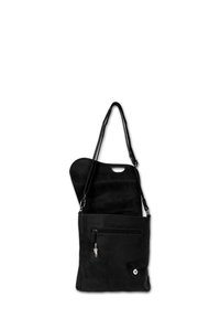 Schwarze Wildleder-Schultertasche mit verstellbarem Schulterriemen, asymmetrischem Überschlag, Reißverschluss-Vordertasche und dekorativem Hardware-Detail. Weiche Textur und schlichtes Design.