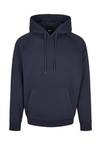 Mørkeblå hettegenser laget av mykt stoff, med lomme foran, justerbar snorhette, og ribbede mansjetter og kant.