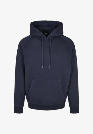 Mørkeblå hættebluse lavet af blødt stof, med en lomme foran, justerbar snor i hætten og ribbede mansjetter og kant.