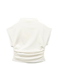 Rynket t-shirt med korte ærmer i off-white bomuldsblanding. Har høj hals og blød tekstur med en afslappet pasform bagpå.