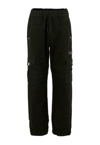 Pantalon cargo noir avec taille à cordon, poches latérales boutonnées, poignets élastiques et un petit patch logo sur la cuisse droite.