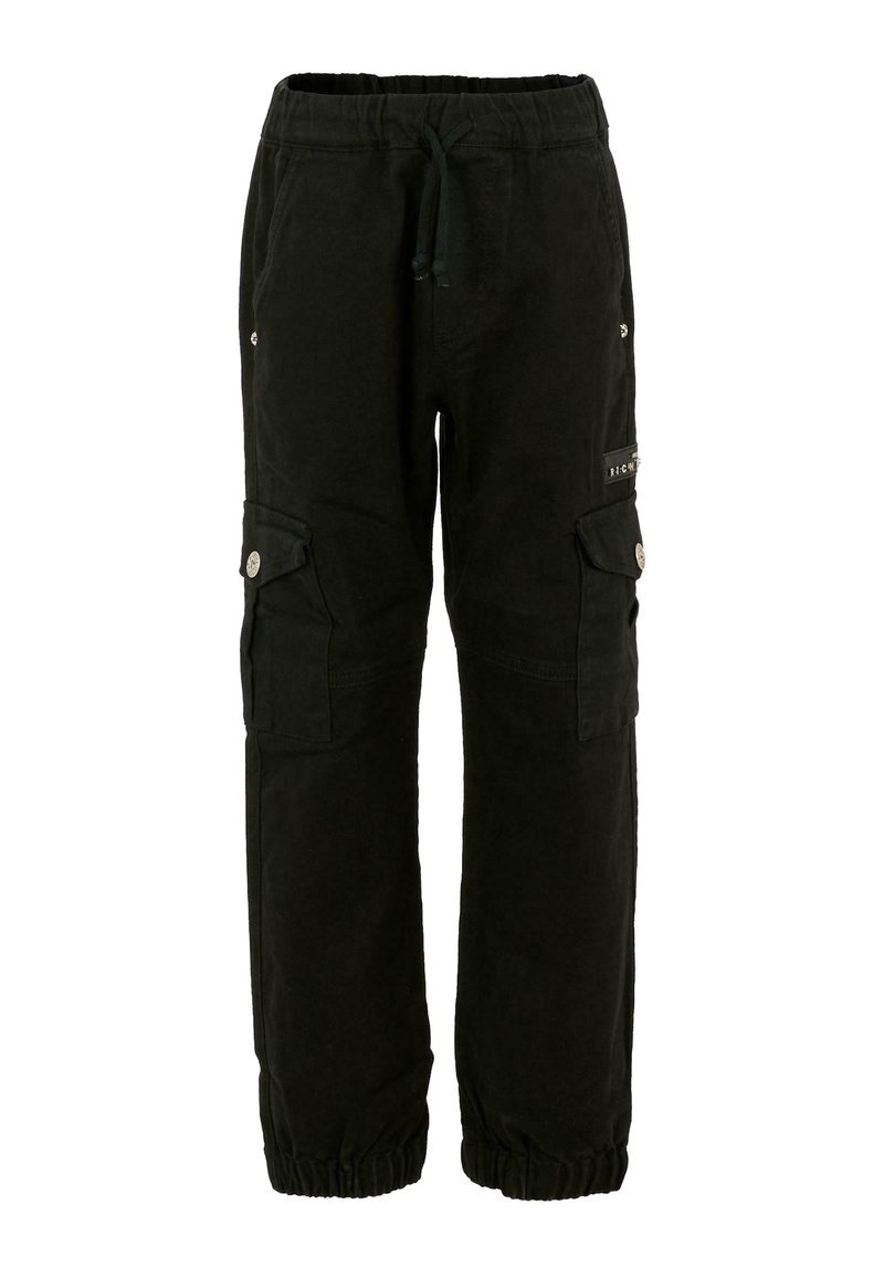Pantalon cargo noir avec taille à cordon, poches latérales boutonnées, poignets élastiques et un petit patch logo sur la cuisse droite.
