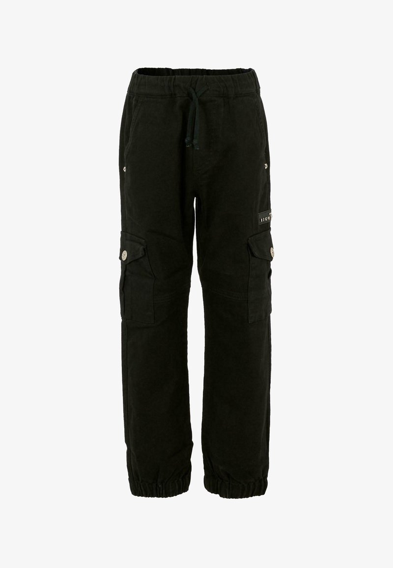 Pantalon cargo noir avec taille à cordon, poches latérales boutonnées, poignets élastiques et un petit patch logo sur la cuisse droite.