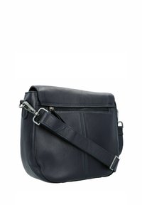 Borsa a tracolla in pelle blu scuro con tracolla regolabile, tasca frontale con zip e chiusura a patta.