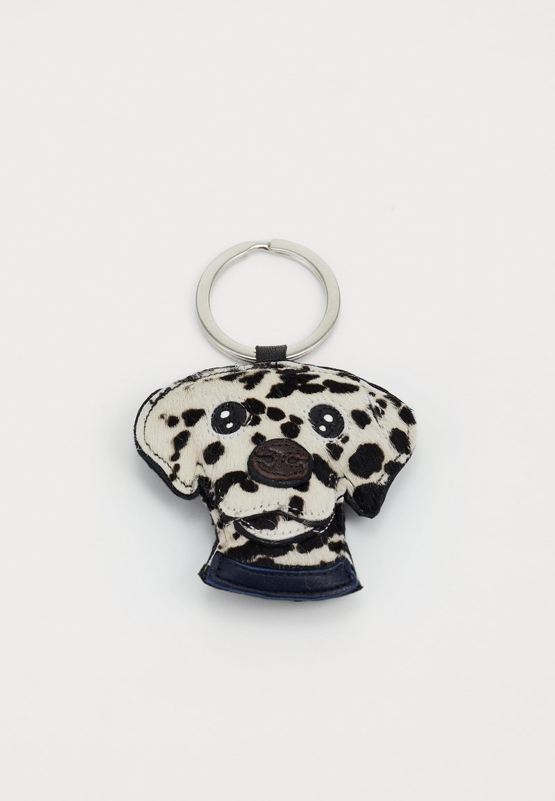 Porte-clés en forme de dalmatien, fabriqué en fourrure synthétique noire et blanche à pois, avec des composants en métal et des détails faciaux brodés.