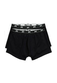 Boxer shorts en coton noir avec une texture lisse, dotés d'une ceinture élastique grise avec un logo et des lignes d'accent blanches, empilés par paires.