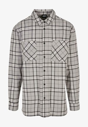Šedá károvaná košeľa s dlhým rukávom vyrobená z látky s gombíkovým zapínaním, obsahujúca dve náprsné vrecká a klasický golier.