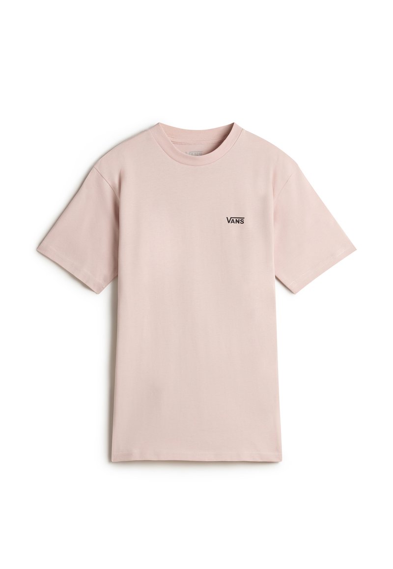 Světle růžové bavlněné tričko, krátké rukávy, kulatý výstřih, s malým černým logem Vans na levé části hrudi. Jednoduchý a minimalistický design.