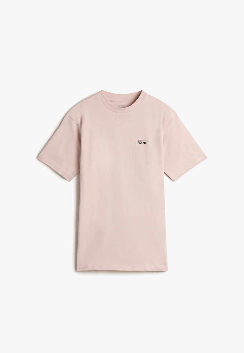 Světle růžové bavlněné tričko, krátké rukávy, kulatý výstřih, s malým černým logem Vans na levé části hrudi. Jednoduchý a minimalistický design.