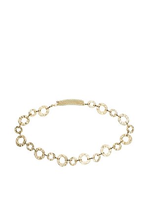 Złoty naszyjnik z łańcuszka z naprzemiennymi małymi i dużymi młotkowanymi okrągłymi ogniwami oraz podwójnym zapięciem.