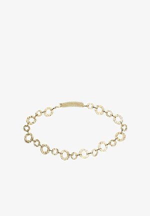 Collier en chaîne dorée avec des maillons circulaires martelés alternant entre petits et grands, et une fermeture à double fermoir.