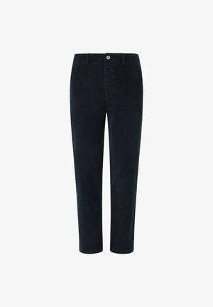 Tumed tumesinine korgoorede püksid sirge lõikega, eesmise nööbi kinnitusega ja küljetaskutega, sile tekstuur ja minimaalne õmblus.