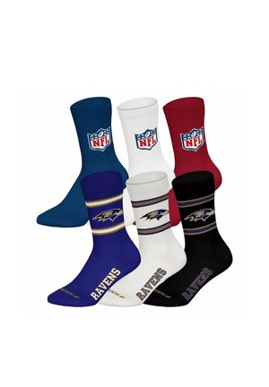 Sechs NFL-Socken in Blau, Weiß, Rot, Lila, Weiß und Schwarz mit NFL- und Baltimore Ravens-Logos sowie Teamnamen.