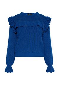 Kék kötött pulóver, csipke mintákkal, fodros díszítéssel a vállaknál és azujjaknál, valamint bordázott derékrésszel. Hosszú ujjak, bővülő mandzsettákkal.