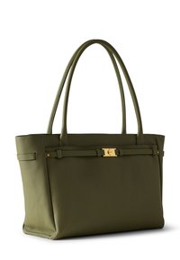 Olivgrüne Ledertasche mit glatter Oberfläche, goldenen Hardware-Akzenten und zwei stabilen Griffen. Sie verfügt über eine strukturierte Form und dezente Details.