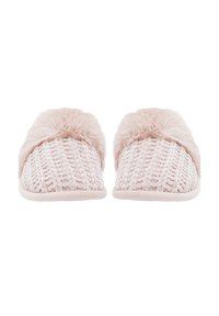 Rožiniai megzti šlepetės su puriu dvigubo sluoksnio rožinės spalvos dirbtiniu kailiu, minkšta tekstūra ir apvalia nosimi. Butas padas patogumui.