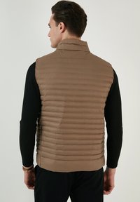 Vesta groasă de culoare maronie, cu guler înalt și matlasare orizontală, purtată peste o cămașă neagră cu mâneci lungi. Textură uniformă și detalii minime.