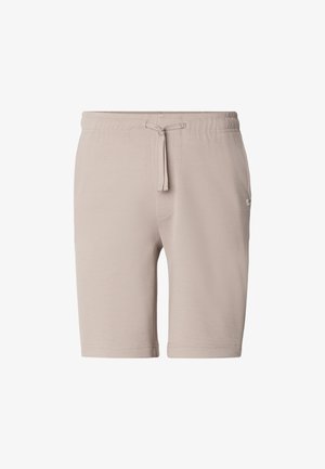 Gaiši bēša kokvilnas maisījuma šorti ar elastīgu jostu, regulējamu auklu un sānu kabatām. Gluda tekstūra un ceļgalu garuma dizains.