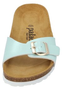 Un sandalo scivoloso in finta pelle blu chiaro con una fibbia dorata, un fondo in sughero e una suola in gomma bianca. Presenta una texture simile al suede sul fondo.