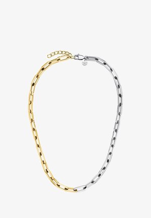 Collier en chaîne en or et argent présentant des maillons allongés alternés, avec un côté lisse et brillant, et l'autre avec une finition texturée.