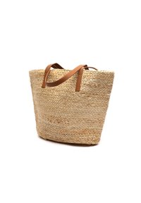 Sac en toile de jute tissé avec des accents en cuir brun, forme structurée, ouvert sur le dessus et deux poignées robustes. Texture naturelle et couleur claire.