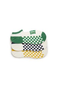 Drei Paar Kurzsocken mit karierten Mustern. Farben sind grün, navy und gelb auf einem cremefarbenen Hintergrund. Material aus Baumwollmischung.