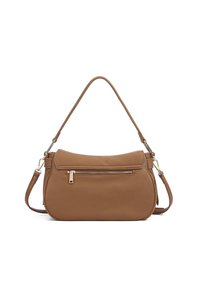 Borsa a mano in pelle marrone con una finitura testurizzata, forma curva, chiusura con zip superiore e tasca frontale con zip. Include una tracolla removibile.