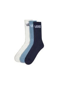 Tres pares de calcetines de tripulación: blancos, azul claro y azul marino. Cada calcetín cuenta con una textura acanalada y el logo de VANS en la parte superior.