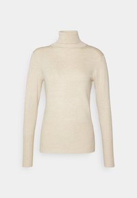 Beige Rollkragensweater aus weichem Stoff, mit langen Ärmeln und einer figurbetonten Passform, die an Kragen und Bündchen eine gerippte Textur aufweist.