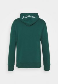 Mörkgrön hoodie sedd bakifrån med långa ärmar och vit text "Hollister" på huvan.