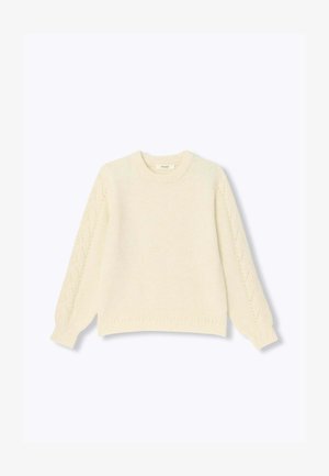 Pull en tricot couleur crème avec un col rond et un motif torsadé sur les manches longues. Texture douce avec ourlet côtelé.