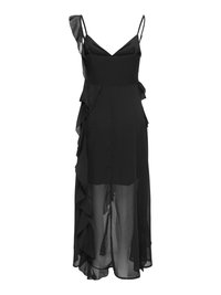 Robe noire sans manches avec fines bretelles, décolleté en V, superposition asymétrique en voile à volants et panneau de jupe longue semi-transparent.
