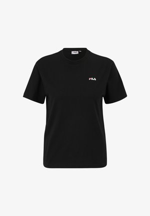 Musta puuvillainen t-paita lyhyillä hihoilla, pyöreä kaula-aukko ja pieni punainen ja valkoinen Fila-logo vasemmassa rinnassa. Suuri kangas.