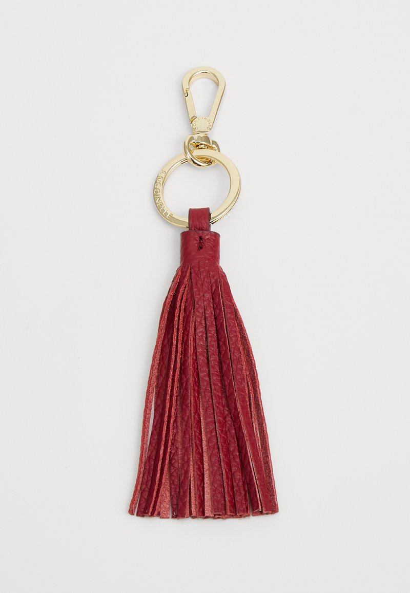 Red leather keychain with a tassel design, featuring a golden hardware clip and ring, displaying textured vertical strips.