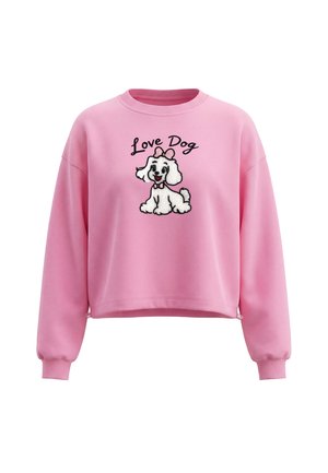 Lyserød sweatshirt med lange ærmer med tegnet hvid hund iført sløjfe og teksten "Love Dog" over den.