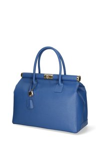 Blauwe leren handtas met gestructureerd ontwerp, dubbele handvaten, gouden hardware en een slotdetail aan de zijkant. Textuurafwerking.