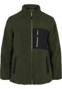 Giacca in pile verde scuro, con colletto alto, zip frontale e tasca nera con zip. Texture morbida con tasche laterali.