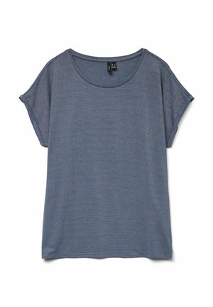 Luźna koszulka z krótkim rękawem w ciemnoniebieskim, teksturowanym materiale, z okrągłym dekoltem i subtelnym wzorem w paski na całej powierzchni.