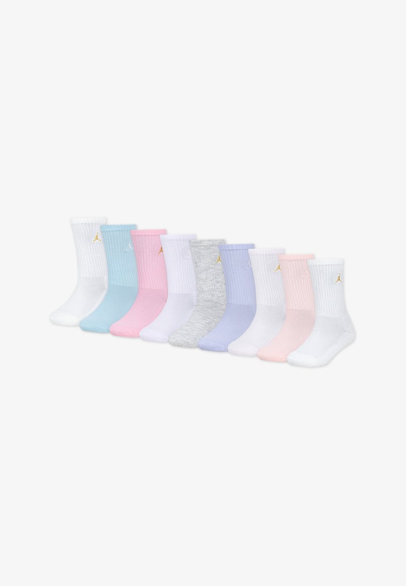 Sæt af ti par sokker i forskellige farver: hvid, pink, blå, lavendel, grå og lyserød. Ribbet tekstur med små guldlogo-detaljer.
