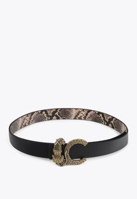 Svart läderbälte med en guldleopardformad spänne. Insidan har en brun och beige ormskinnsmönstrad textur.