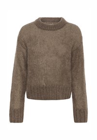 Pull marron tricoté avec un col rond, design court et manches larges. Tissu texturé avec une apparence douce et confortable.