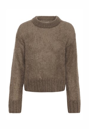 Jersey marrón de punto con cuello redondo, diseño corto y mangas sueltas. Tejido texturizado con una apariencia suave y acogedora.