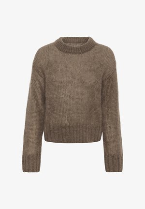 Jersey marrón de punto con cuello redondo, diseño corto y mangas sueltas. Tejido texturizado con una apariencia suave y acogedora.