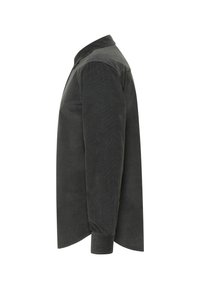 Camicia in corda grigia scura con maniche lunghe, colletto a punta e orlo leggermente curvo. Presenta una texture a righe verticali.