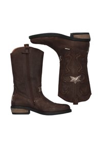 Bruine leren cowboylaarzen met een ritssluiting, decoratieve stiksels en steraccenten. Ontwerp met een vierkante neus en een lage stapelhak.