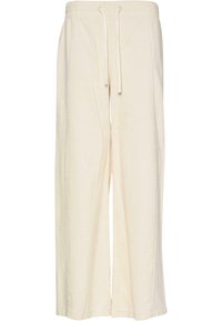 Weite Hosen in Creme, aus einem strukturierten Stoff mit einem gerippten Muster. Verfügt über einen elastischen Bund und einen Kordelzug zur Anpassung.